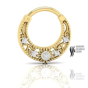14k gold Genuine Diamond in Solid Gold nose hoop, hugger nose ring Hinged Septum Ring Septum Hoop A perfect gift for a piercing lover
