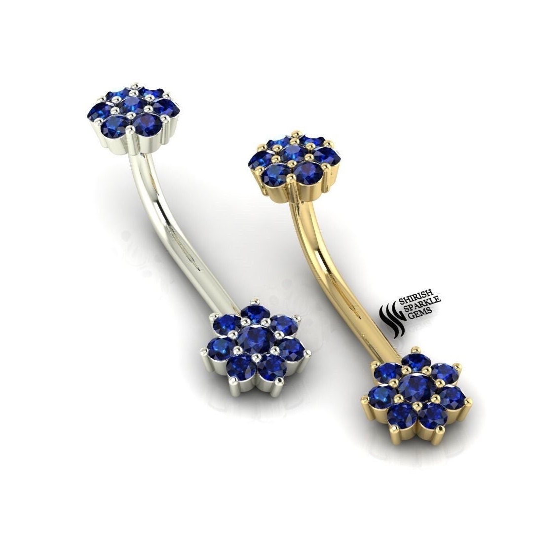 White Gold Blue Sapphire Belly Button Ring Rook Piercing Genuine ...