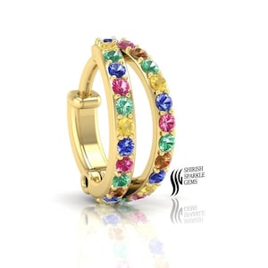 Rainbow Multicolored Sapphire Hoop / sapphire Gold  Piercing Helix conch cartilage hoop / Sapphire nose hoop Piecing Nose Ring  Gift For Her