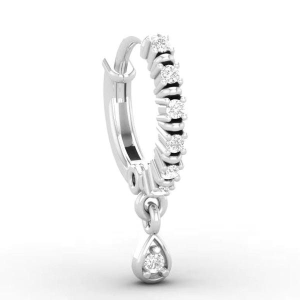Natural Diamond Nose Ring, 14k Solid Gold Dangle Nose Hoop, Drop Daith Piercing Clicker