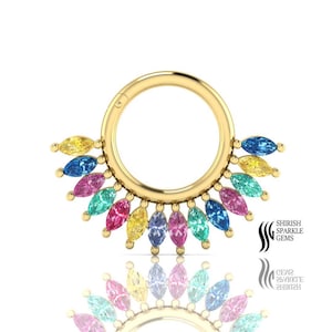 Aro para cartílago de hélice de zafiro arcoíris con tabique de zafiro / aro para piercing de oreja de oro y zafiro con forma de caracola / aro para piercing de oreja de oro y zafiro múltiple con clicker