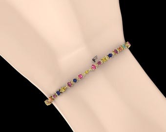 Multi Gemstone Tennis Bracelet in Solid Gold Colorful Sapphire Ruby Emerald Bracelet for Women Dainty Rainbow Gem Bracelet Anniversary Gift
