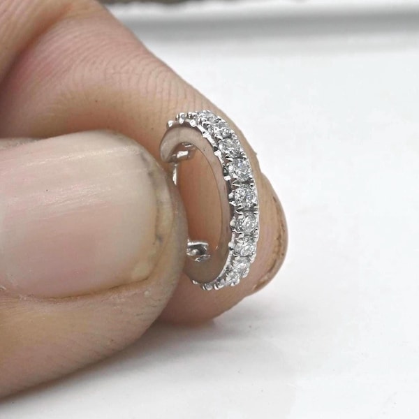 14K White Gold Pavé Diamond Nose Huggie  Hoop, Cartilage Helix Piercing Hoop
