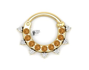 Septumring oranje saffier, natuurlijke diamanten neusring, gouden clickerring, cadeau Daith Helix-kraakbeen