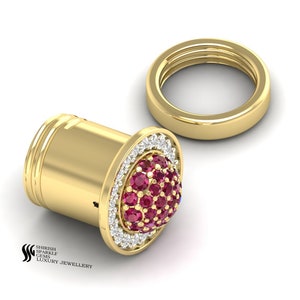 Puede incluir: Un pendiente de tapón de color dorado con un grupo de pequeñas piedras preciosas rojas rodeadas por un anillo de piedras preciosas blancas. También es visible un anillo de oro separado. La joya está sobre un fondo blanco.