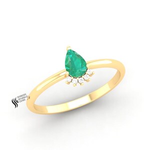 Natural emerald ring with natural diamond for gift, Pear emerald 14k gold ring