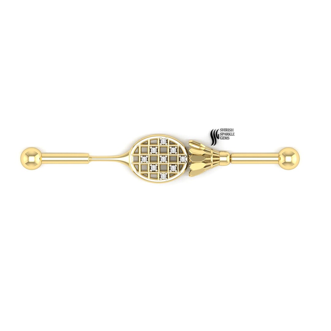 18K Gold Tennis Racket Industrial Barbell Cartilage Ear Piercing ...