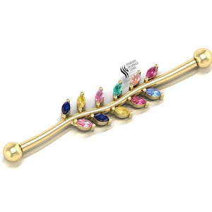 Multi Sapphire industrial piercing post sapphire gold straight barbell 14k gold rainbow industrial pin straight barbell ear piercing jewelry
