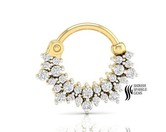 Natural Diamond Septum Ring, 14k Solid Gold Hinged Hoop, Diamond Cluster Piercing Jewelry (16G)