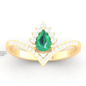 Natural emerald ring with natural diamond for gift, Pear emerald 14k gold ring,
