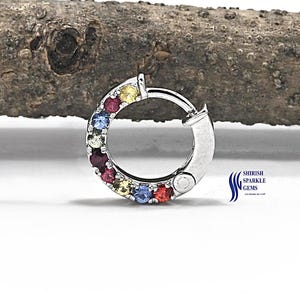 Rainbow sapphire nose ring helix conch hoop sapphire cartilage gemstone nose ring sapphire ear piercing hoop clicker gold labret hoop huggie