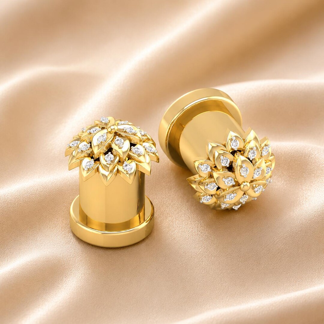 14k Solid Gold Floral Diamond Plug Earrings, Natural Diamond Gauges ...