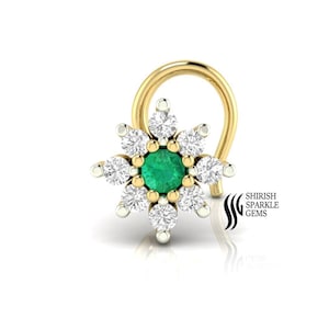 Perno de nariz de oro esmeralda natural, alambre en C con piedra preciosa, piercing para cartílago, hélice, aro de oro para piercing de nariz y oreja de esmeralda