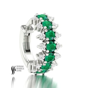 Piercing de nariz unissex em ouro 18k com esmeralda natural e diamante natural, piercing de nariz com esmeralda, hélice esmeralda, anel de cartilagem daith, concha masculina, argola com clicker