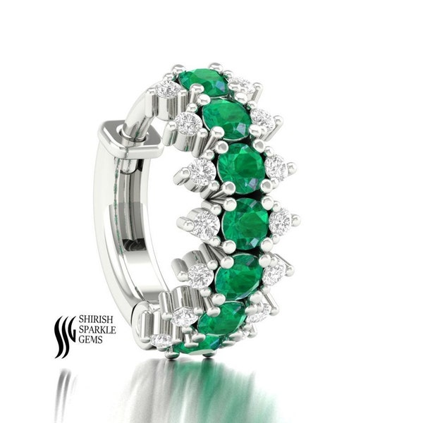 18k Gold Natural Emerald Natural Diamond nose ring emerald unisex nose piercing Emerald helix daith ring cartilage conch men hoop clicker