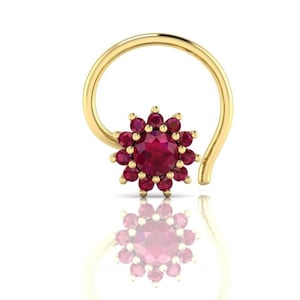 Pin de nariz de oro rubí natural de 18 k, alambre en C con gema, perforación de oreja, cartílago, hélice, clicker, aro de perforación de nariz de rubí, anillo de nariz de oro, regalo de ella