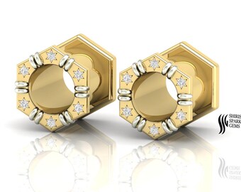 Natural Diamond Solid Gold Ear Tunnels (6mm / 2 Gauge) Stretched Ear Gauges Jewelry