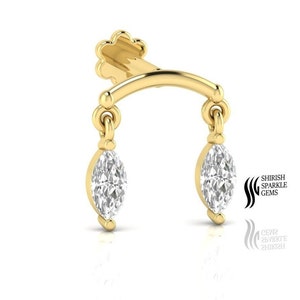 Pendientes colgantes de cartílago con doble zafiro azul en oro de 18 quilates, pendientes planos para hélice y perforación de torre, con parte trasera plana y caracola.