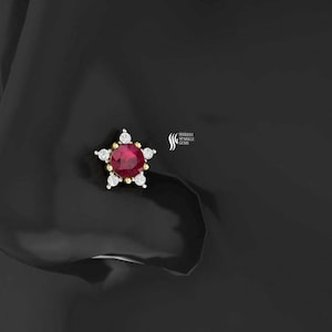Piercing de nariz em osso de rubi / Piercing de nariz com rubi natural / Piercing de nariz com rubi e diamante / Piercing de orelha com rubi vermelho genuíno para hélice, concha e cartilagem