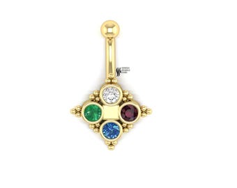 Veelkleurige edelsteen navelring in massief goud | 14k massief goud