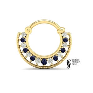 Diamond septum hoop, sapphire helix conch hoop daith clicker, blue sapphire ear piercing hoop, diamond tragus hoop, gemstone nose ring hoop