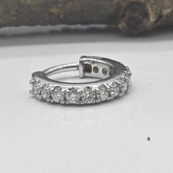 Natural Diamond 14K White Gold Hoop Nose Ring | Ear Cartilage, Conch, Helix, Labret Ring Clicker For Gift Him