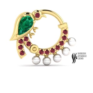 Anel de nariz de papagaio esmeralda, anel de nariz de ouro maciço rubi, anel de nariz de esmeralda genuína, aro de pérola daith, clicker, concha esmeralda, torre, aro de tragus