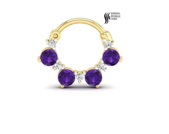 14K Gold Amethyst Diamond Septum Ring – Dainty Piercing Jewelry