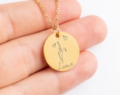 Personalized Birth Flower Necklace, Custom Engraved Name, Stainless Steel