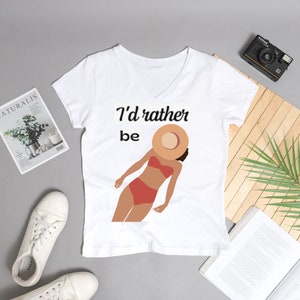 Beach Lover T-shirt for Women Relaxing at the Shore Tee Womens Fitted V-neck Shirt