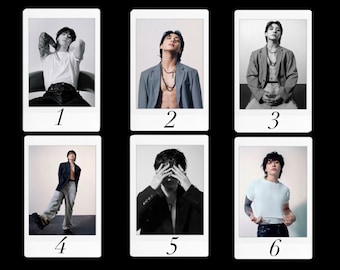 May include: Six black and white Polaroid-style photographs of a person wearing different outfits. The photos are numbered 1 through 6.