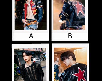 May include: Four polaroid-style photos showing a person in different outfits. The person is wearing a black and blue leather jacket with a red star on the back in two of the photos. Other outfits include a black mesh top.