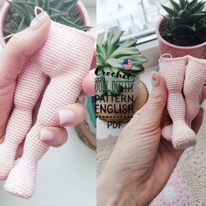 May include: A pair of pink crocheted doll pants. The pants are held in a person's hand. The image includes the text "Crochet Doll Outfit Pattern English PDF".
