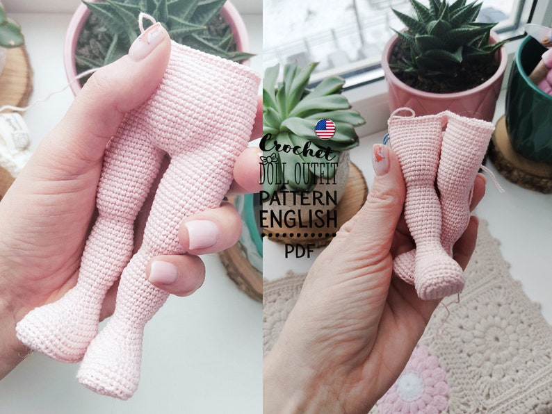 May include: A pair of pink crocheted doll pants. The pants are held in a person's hand. The image includes the text "Crochet Doll Outfit Pattern English PDF".