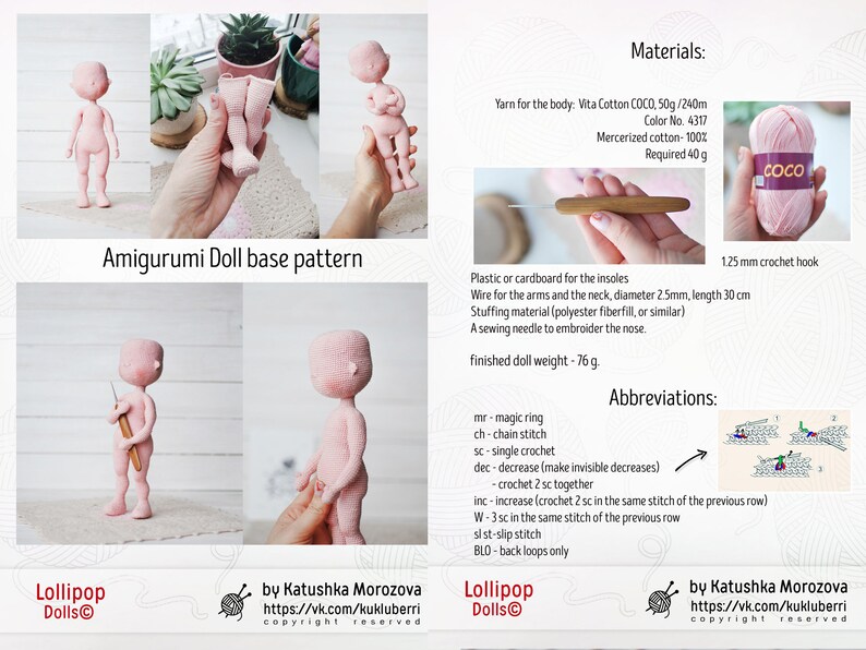 May include: Amigurumi doll base pattern instructions with materials and abbreviations. The pattern includes a pink doll with a crochet hook and yarn. The text includes the words "Lollipop Dolls" and "by Katushka Morozova".