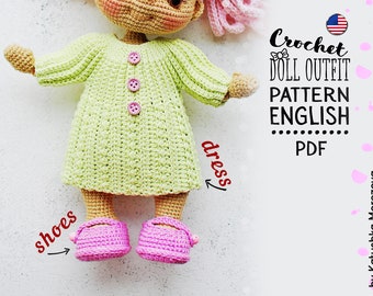 Outfit "Crochet dress and shoes"  for TaTa the doll , crochet doll clothes, ENGLISH, for 25-30 cm doll