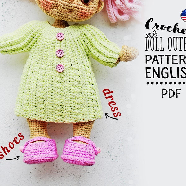 Outfit "Crochet dress and shoes"  for TaTa the doll , crochet doll clothes, ENGLISH, for 25-30 cm doll