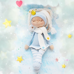May include: A crocheted sleeping doll wearing a blue and white striped outfit, a white hat, and a white scarf. The doll is lying on a blue background with white clouds and yellow stars. The text "THE SLEEPING DOLL CROCHET PATTERN" is at the top of the image. The text "Lollipop Dolls&reg; not for free use!" is at the bottom left of the image. The text "by Katushka Morozova https://vk.com/kukluberri copyright reserved" is at the bottom right of the image.