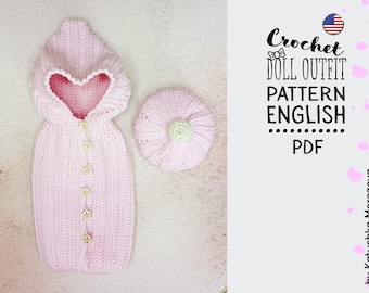 Сrochet pattern cute outfit for doll 22 cm, crochet sleeping bag for amigurumi, ENGLISH