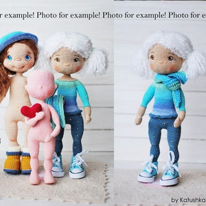 May include: Three crocheted dolls, one with a blue and white striped sweater, one with a blue and green ombre sweater, and one with no clothing. The dolls are wearing blue jeans and sneakers. The dolls are standing on a white surface with a rug underneath.