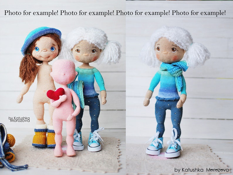 May include: Three crocheted dolls, one with a blue and white striped sweater, one with a blue and green ombre sweater, and one with no clothing. The dolls are wearing blue jeans and sneakers. The dolls are standing on a white surface with a rug underneath.