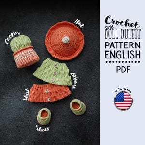Crochet Safari Doll Clothes Pattern – PDF Outfit for 23cm Dolls (Top, Skirt, Hat, Cactus) – Amigurumi Crochet Pattern in English