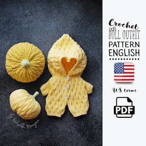 May include: A handmade yellow crochet doll outfit, including a hooded jumpsuit with a heart-shaped cutout, and two crochet pumpkins. The outfit has button closures. The image also includes the text "Crochet Doll Outfit Pattern English".