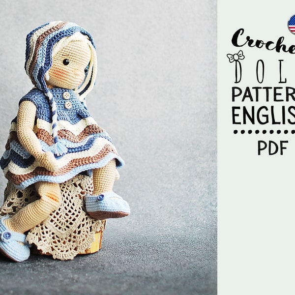 Modèle de poupée au crochet anglais, Elif en bleu, PDF ANGLAIS