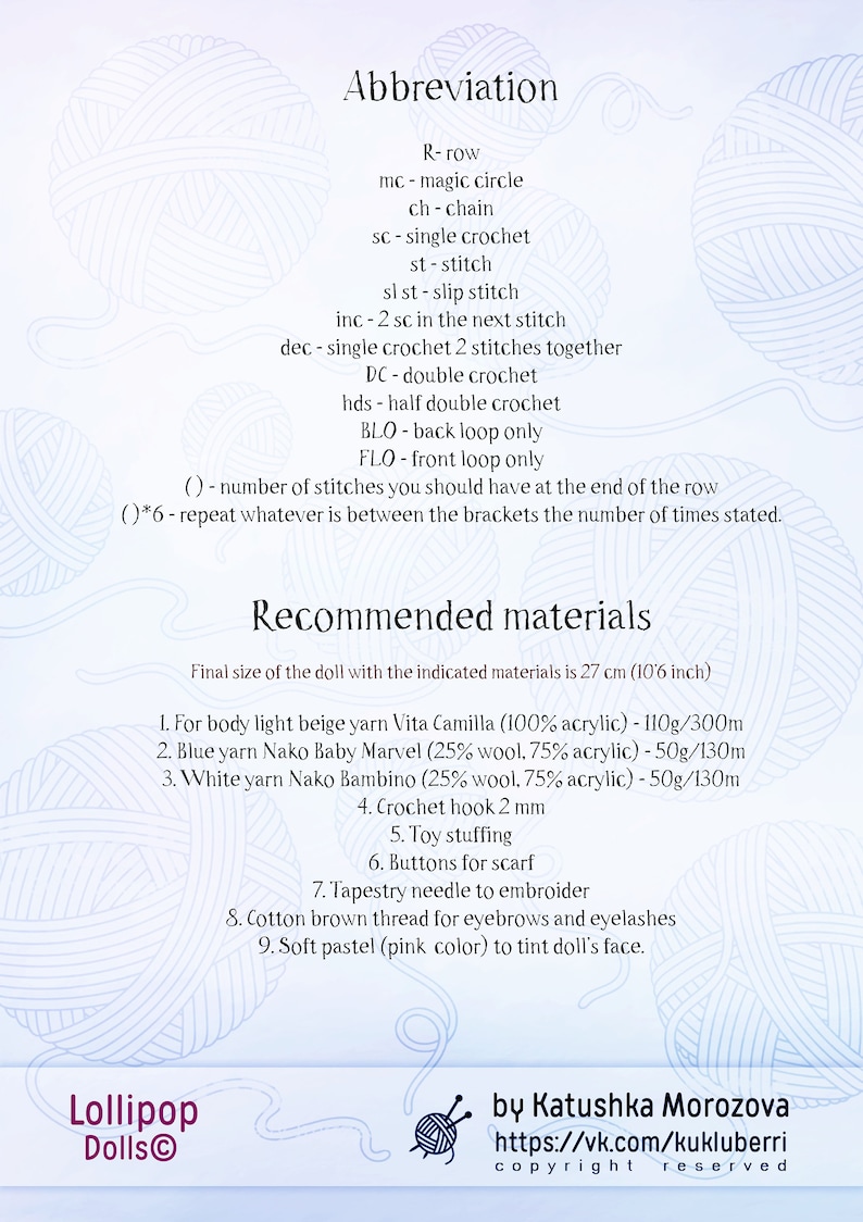 May include: A crochet doll pattern with instructions and recommended materials. The pattern includes abbreviations for crochet stitches and a list of materials needed to create a doll that is 27 cm (10.6 inches) tall.