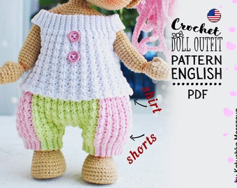 Gehaakte outfit "shirt en korte broek" voor TaTa de pop, gehaakte poppenkleertjes, ENGELS, voor pop van 25-30 cm