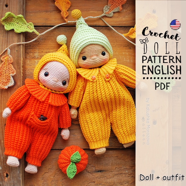 Muñeca de crochet + conjunto de crochet, Muñeca bebé con conjunto "Cactus", PDF, solo E-N-Glish,