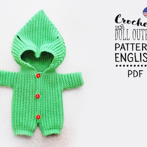 Patron de tenue de poupée au crochet : combinaison verte et écharpe (téléchargement PDF, convient aux poupées de 10 à 12 pouces)