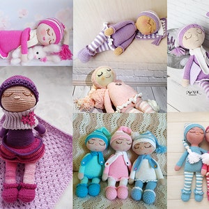 May include: A collection of handmade crocheted dolls in various colours and poses. The dolls are dressed in different outfits, including dresses, skirts, and jumpers. Some dolls are wearing hats and have long hair.