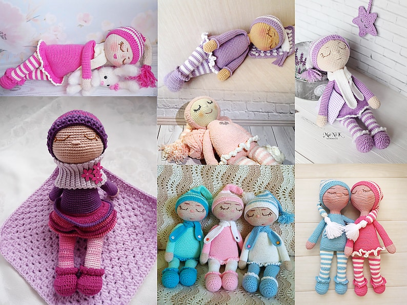 May include: A collection of handmade crocheted dolls in various colours and poses. The dolls are dressed in different outfits, including dresses, skirts, and jumpers. Some dolls are wearing hats and have long hair.
